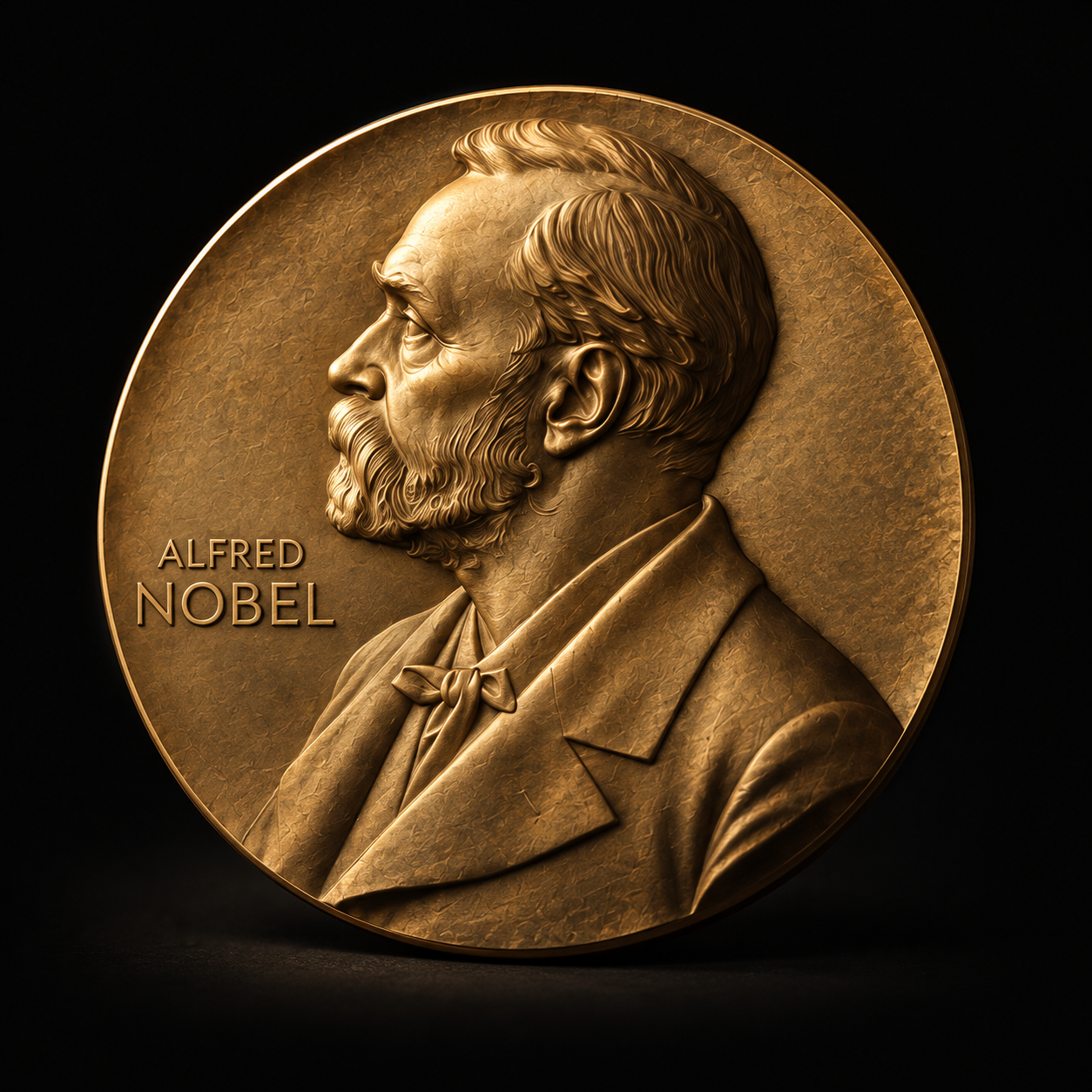 Illustrative gold medallion with the profile of Alfred Nobel